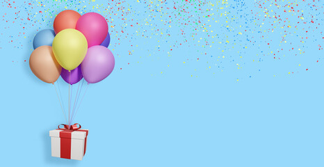 Aufkleber - Flying gift box with multicolored balloons on red background with confetti. Empty space for text. 3d rendering
