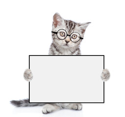 Canvas Print - Funny smart kitten wearing eyeglasses standing on hind legs, looks at camera and shows empty board. isolated on white background