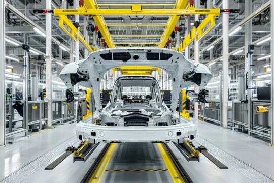 Professional Photography of workers in an automotive assembly plant assembling vehicle components, Generative AI