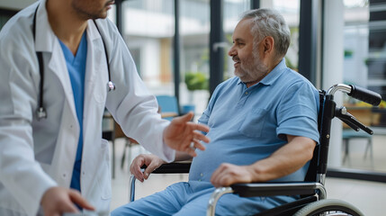 Close-up of a supportive doctor talking with a worried senior man in a wheelchair, conveying care and compassion in a medical setting.