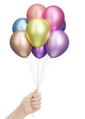 Aufkleber - Female hand holds bunch of colorful balloons. Isolated on white background
