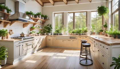 a bright and modern kitchen filled with indoor plants, creating a fresh and natural atmosphere. larg