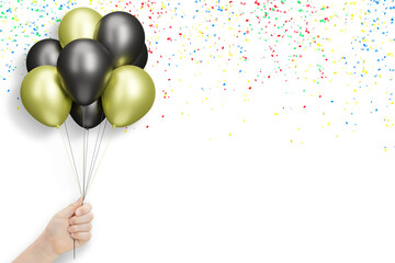Aufkleber - Female hand holding bunch of shiny golden and black balloons on white background with confetti
