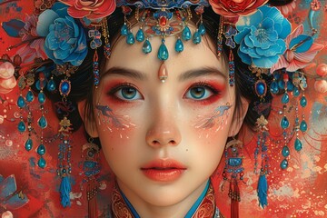 Ancient Chinese girl in Hanfu or traditional outfits and various accessories in Tang dynasty looking at the center with a plain face colorful portrait painting.