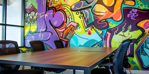 Poster - Close-up of a creative meeting space, vibrant graffiti wall, indirect natural lighting.