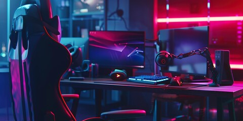 Poster - E-sports meeting arena, gaming setups, dynamic RGB lighting, close-up on gear. 