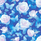 seamless pattern with roses, dreamy seamless pattern of butterflies and white roses, background