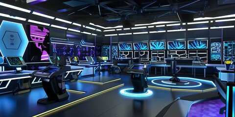 Canvas Print - High-tech training facility, virtual reality stations, futuristic, neon accents. 