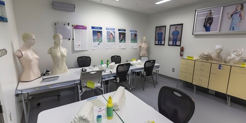 Poster - Health and safety training room, mannequins, instructional posters, clinical light