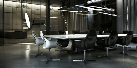 Poster - Corporate interview setting, high-backed chairs, sleek table, stark, direct lighting. 