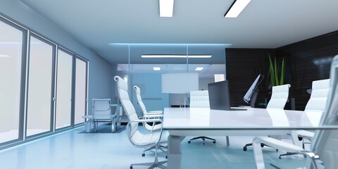 Poster - Modern interview space, minimalist decor, clean lines, bright focused lighting. 