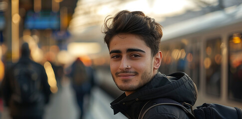 Wall Mural - Handsome young man smiling at camera while waiting for train at the railway station, photographed with a Sony Alpha a7 III, with a romantic atmosphere, capturing a candid moment, with a blurred backgr