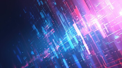 Abstract digital background with bright light bursts, binary code streams, and fluctuating stock graphs, creating a visually engaging representation of technology and market trends.