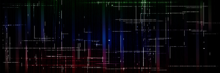 Poster - Computer screen glitch effect. Vector realistic illustration of black background with abstract noise texture, red and blue pattern on retro vhs backdrop, broken 90s tv, distorted video tape image