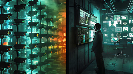 Wall Mural - A man is standing in front of a wall of monitors
