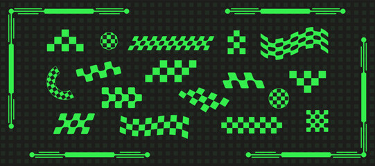 Wall Mural - cyber geometry checker form rave aesthetic set, geometric trendy groovy checkerboard icon, space tri