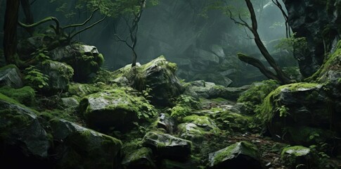 textures of nature's beauty captured in a single image a lush green tree stands tall amidst a sea of moss - covered rocks, creating a serene and picturesque scene