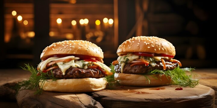 Closeup of two cheeseburgers on a wooden table in a rustic restaurant. Concept Food Photography, Closeup Shots, Restaurant Scene, Rustic Setting, Delicious Cheeseburgers