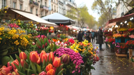 A vibrant and colorful flower market with a variety of flowers, such as tulips, roses, and lilies.