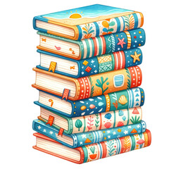 Wall Mural - Stack of books with ocean and marine life designs clipart with transparent background

