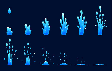 water splash sprite sheet animation for fx effect of fountain splashing drops, cartoon vector. water