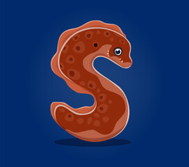 Fototapete - Sea animals in underwater font, letter S as muraena moray cartoon character, vector undersea alphabet. Sea animals font or ocean ABC typeface with moray eel fish in letter S for tropical undersea type