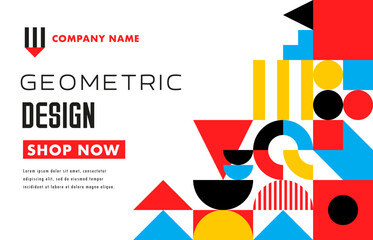 Aufkleber - Abstract geometric modern business poster, site landing page with creative pattern. Vector modern modular web banner template with white, black, red, blue and yellow colors, minimal geometry shapes