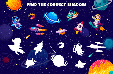 Poster - Kids game, find the correct shadow of galaxy space objects. Silhouette find child game, shadow match vector puzzle or riddle worksheet with alien and kid astronaut cartoon character, rocket and planet