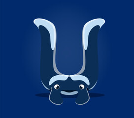 Fototapete - Underwater sea animals font, letter U as manta ray cartoon funny character, vector undersea alphabet. Sea animals font or ocean ABC typeface with funny cartoon manta ray or stingray in letter U