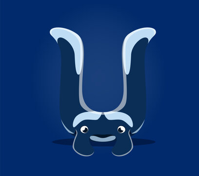 Underwater sea animals font, letter U as manta ray cartoon funny character, vector undersea alphabet. Sea animals font or ocean ABC typeface with funny cartoon manta ray or stingray in letter U