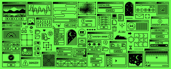 Rave y2k window page, computer interface menu. Vector pc desktop with folders, loading bar. Program error, e-mail, browser and icons. Acid toxic green screen background in old 2000s aesthetic style