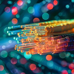 Close-up view of network cables with impressive technological fiber optic background