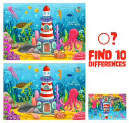 Aufkleber - Find ten differences on underwater abandoned lighthouse landscape. Vector puzzle, adventure game with vibrant sunken beacon amidst bustling aquatic colorful sea life, corals, enigmatic ocean creatures