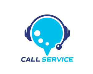 Poster - Call center icon of customer support service. Hotline help phone or customer support call service vector symbol with telephone headset. Blue speech bubble of online chat with headphones, microphone