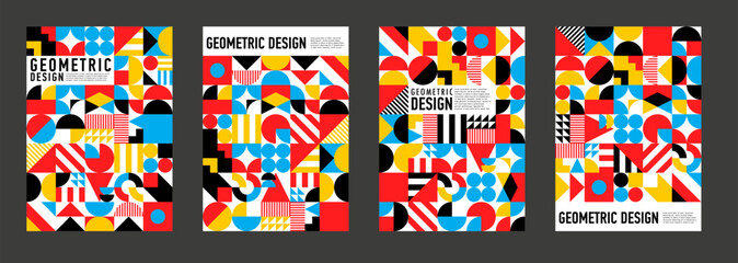 Aufkleber - Abstract modern geometric posters. Vector cover or vertical background designs with minimal pattern and bold shapes. Trendy layout templates with circle, triangle, dot, line and square vivid elements