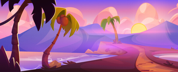 Wall Mural - Tropical lagoon landscape on sunset or sunrise. Cartoon summer vector scenery with coconuts on palm trees, pathway along sea or ocean shore, calm water, mountain hills and pink dawn or dusk sky.