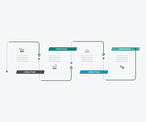 Poster - Four square elements placed in horizontal row and connected by arrows. Diagram representing 4 stages of business process. Simple infographic design template. Vector illustration for presentation.