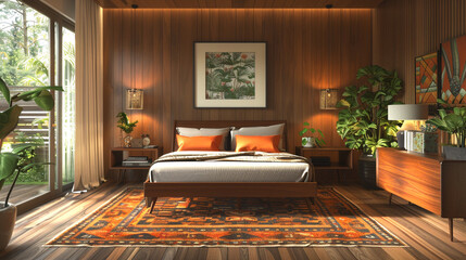 Wall Mural - A cozy mid-century modern bedroom featuring a dark wood bed, orange accent pillows, and a patterned rug, with large windows letting in natural light.