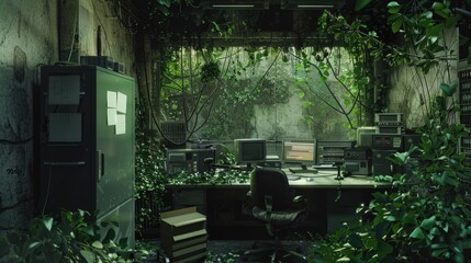 Wall Mural - Video conference overgrown computer room, zoom background