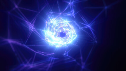 Poster - Abstract bright blue glowing background with a tunnel of lines and stripes of energy of burning rays of plasma and electricity with light