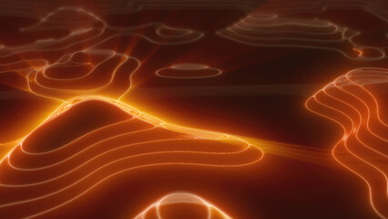 Wall Mural - Yellow orange looped futuristic hi-tech landscape with mountains and canyons from glowing energy circles and magic lines. Abstract background