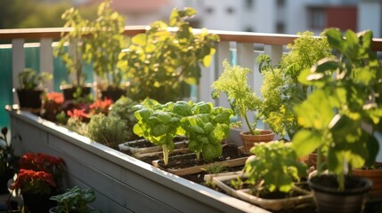 Balcony vegetable garden in the capital Urban organic gardening. photograph of telephoto lens realistic daylight --ar 16:9 --stylize 50 --v 5.2 Job ID: 4709661c-c889-4d37-be44-466e2fa825b6