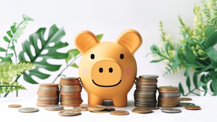 Wall Mural - Piggy Bank with Stacks of Coins