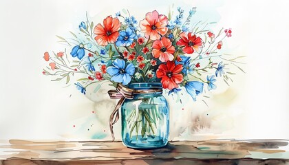 Wall Mural - Watercolor patriotic bouquet in mason jar with bow, clip art, vibrant and festive design