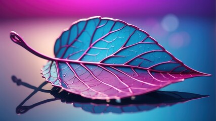 Wall Mural - Small boat-shaped skeletonized leaf, reflecting on a damp surface, set against a background of blue and magenta tones with artistic bokeh