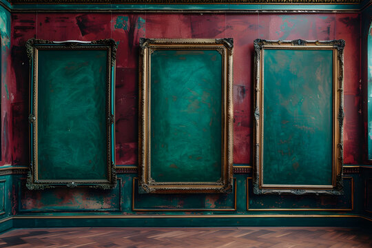 A vintage art gallery with blank emerald green frames hanging from ornate gold picture rails on a deep maroon wall.