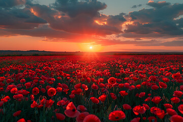 Wall Mural - red tulip field at sunset