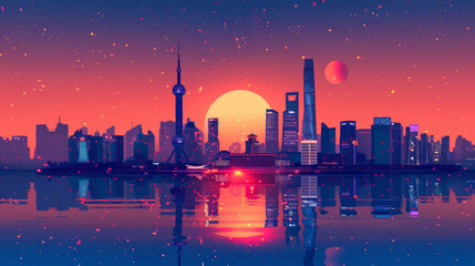 Wall Mural - the night of Shanghai city and skyline, sunset, building and lights, Oriental Pearl Tower, Lujiazui silhouette