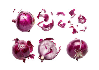 Exploding red onion set on transparent background