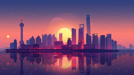 Wall Mural - the night of Shanghai city and skyline, sunset, building and lights, Oriental Pearl Tower, Lujiazui silhouette